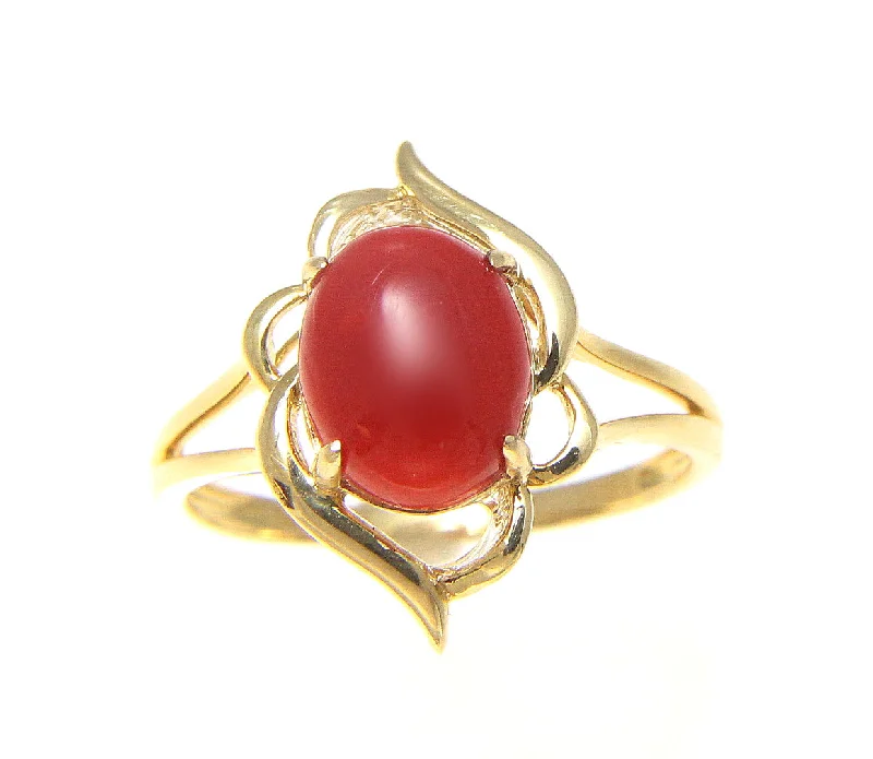 unique engagement rings -GENUINE NATURAL NOT ENHANCED OVAL CABOCHON RED CORAL RING SOLID 14K YELLOW GOLD