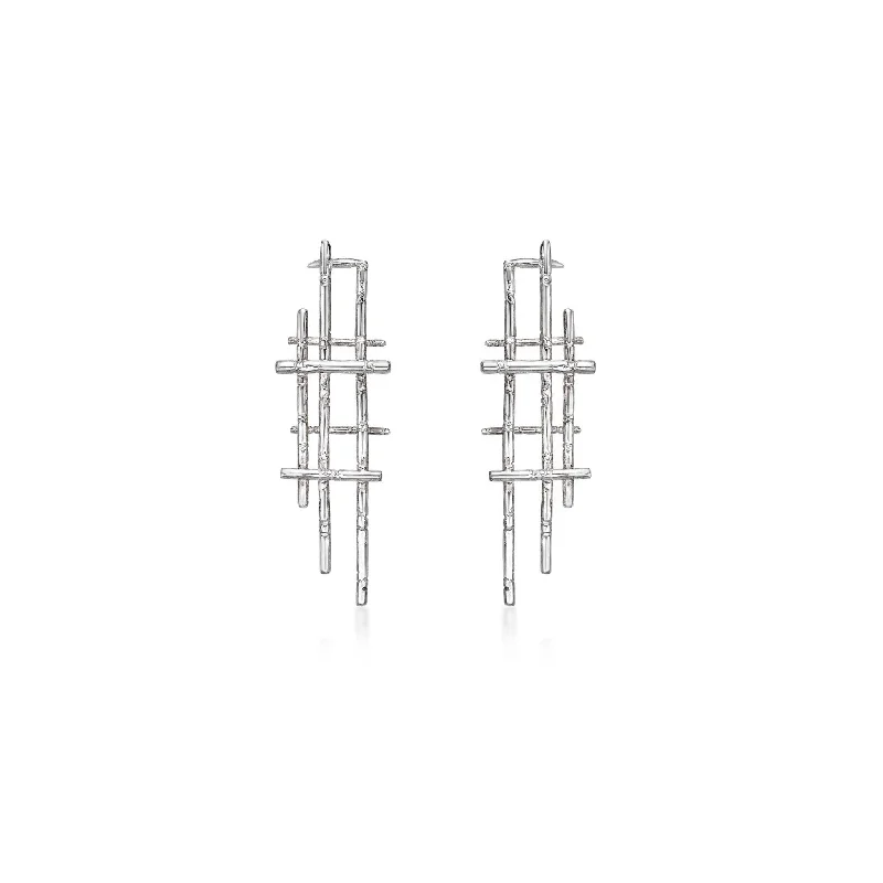 chunky earrings for women -Donna Lacis - Asymmetrical Bamboo Earrings (Rhodium-plated)