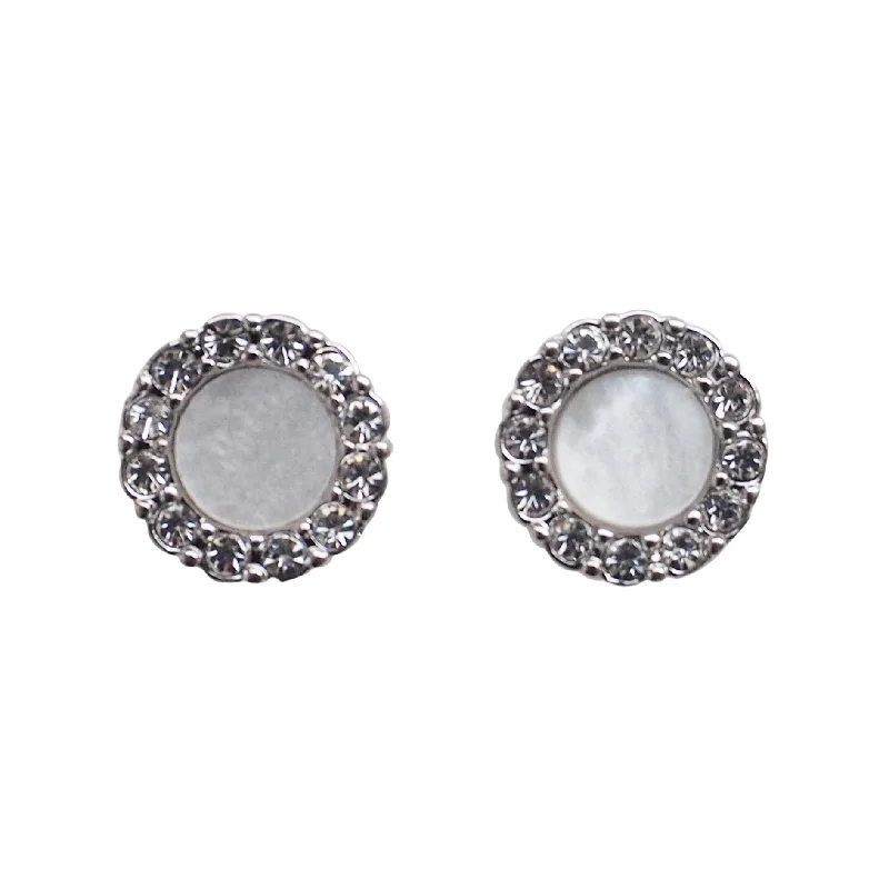 trendy drop earrings for women -Silver Round Swarovski Crystal Rhinestone Pave Invisible Clip On Stud Earrings ( White )