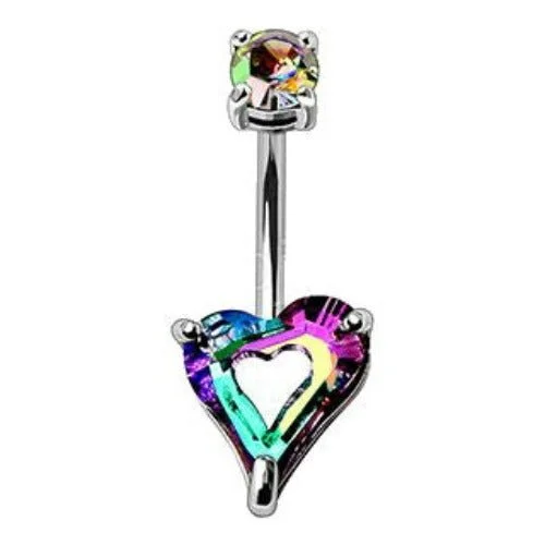 white gold rings for women -316L Stainless Steel Rainbow Hollow Heart CZ Navel Ring