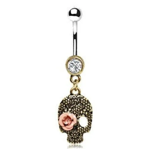 titanium rings for women -Pink Rose Skull Dangle Navel Ring