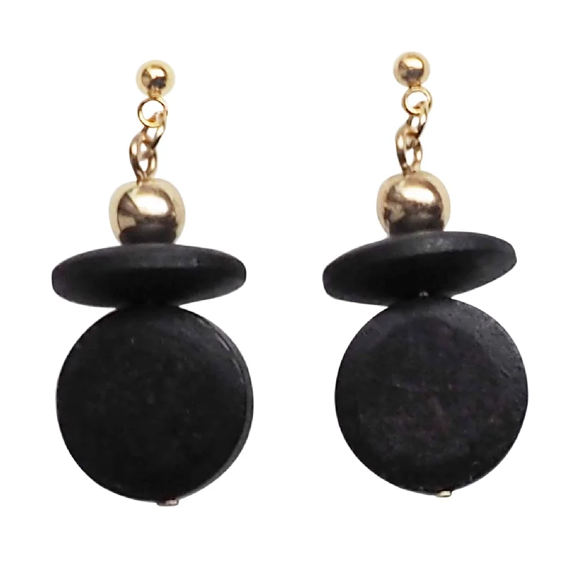 crystal drop earrings for women -Black Wood Disk and Cap Invisible Clip On Earrings