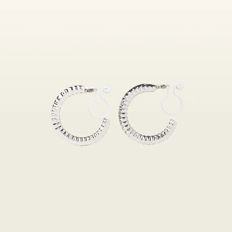 elegant earrings for women -Ribbed Hoop Clip On Earrings in Silver