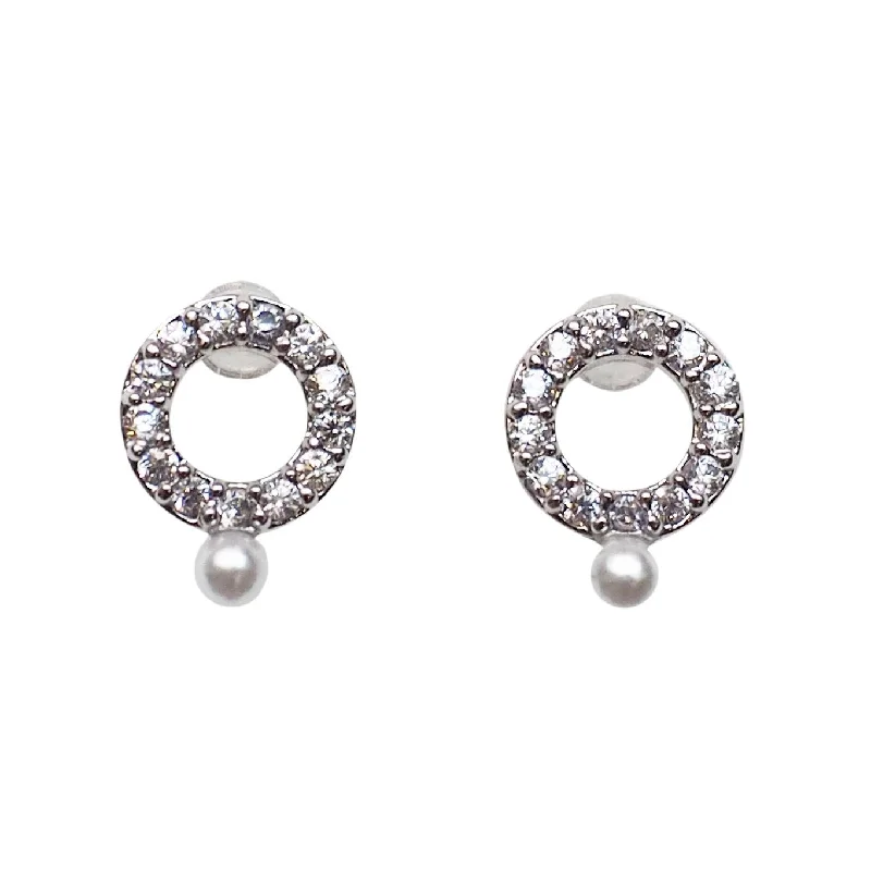 vintage rhinestone earrings -Cubic Zirconia Crystal Pave Hoop with White Pearl Invisible Clip On Stud Earrings ( Silver tone )