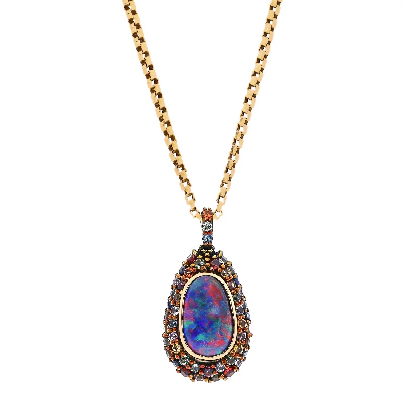 anniversary necklaces for women -14K Black Rhodium Yellow Gold Black Opal and Multi-Colored Sapphire Custom Design Pendant Necklace