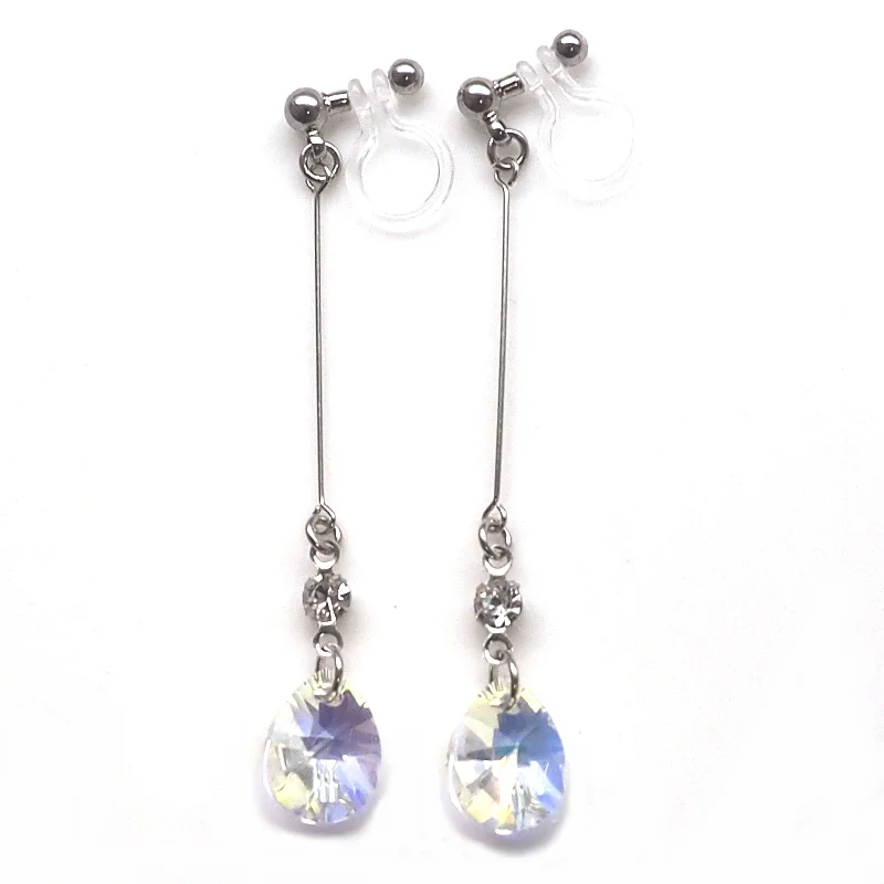 custom earrings for women -Aurora Borealis Teardrop Swarovski Invisible Clip On Earrings ( Silver tone )