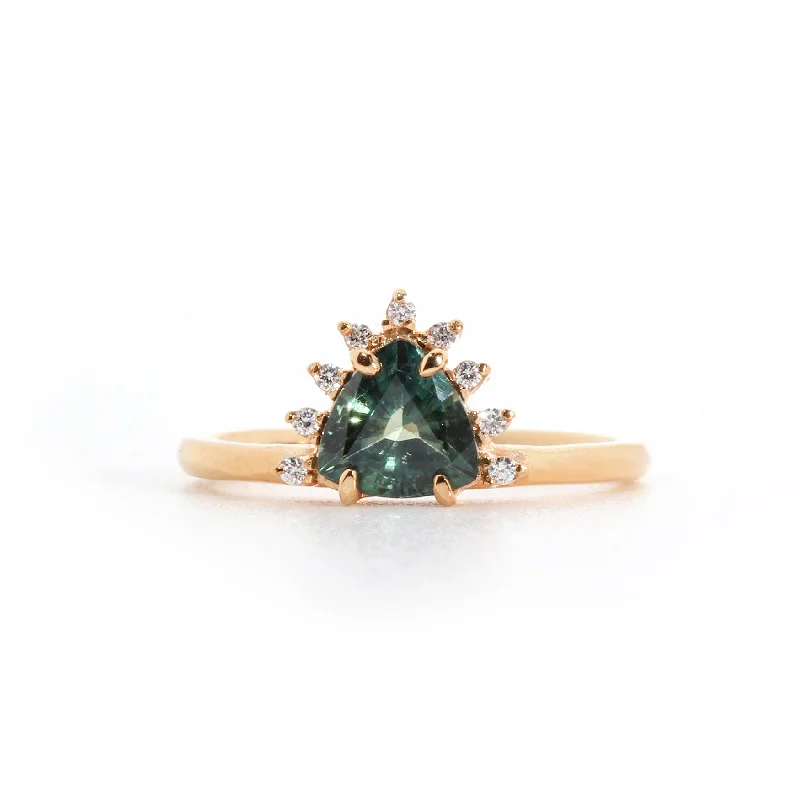 classic rings for women -Ring with Trillion Cut Teal Sapphire (1.27 ct) and Diamonds, Solid 14k Gold | ONE-OF-A-KIND