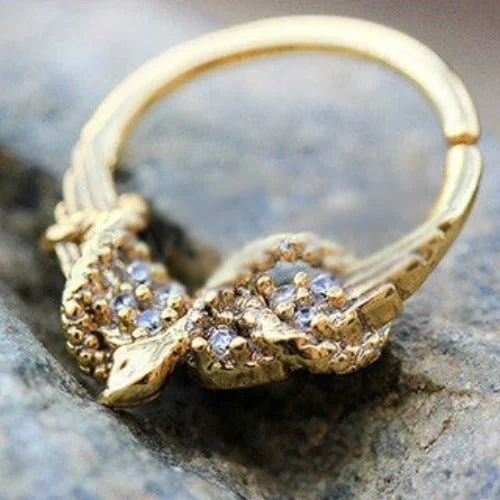 gemstone rings for women -Gold Plated Jeweled Wings and Snake Seamless Ring / Septum Ring