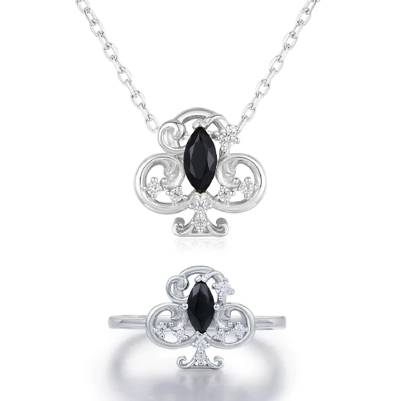 minimalistic silver necklaces for women -Clover Club Black Onyx Ring and Necklace Set