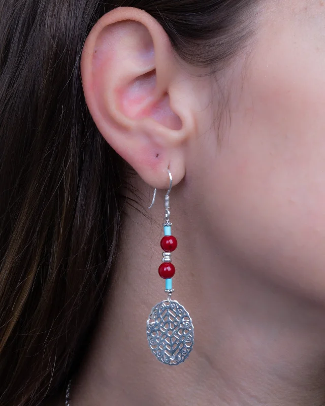 dangling pearl earrings for women -Red and Turquoise Oval Earring