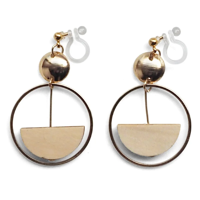 geometric earrings for women -Beige Half Disk and Hoop Invisible Clip On Earrings