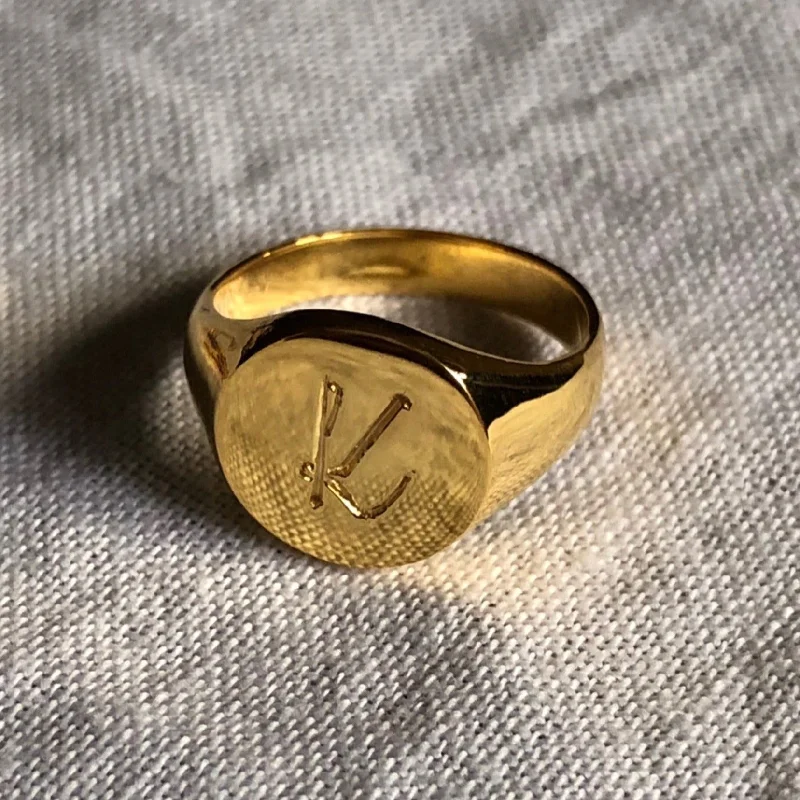 personalized rings for women -Round Signet Ring, Solid 14k Gold, Free Engraving