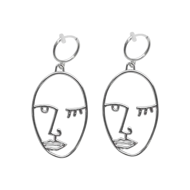 trendy statement earrings for women -Silver Picasso human face clip on hoop earrings