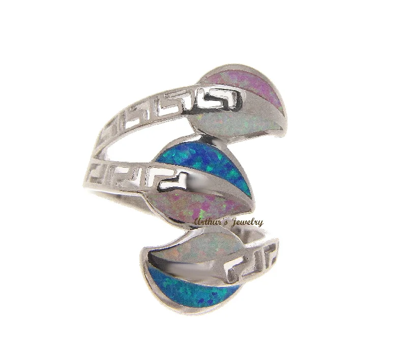 halo engagement rings -BLUE WHITE PINK TRICOLOR INLAY OPAL RING HAWAIIAN LEAF SOLID 925 STERLING SILVER