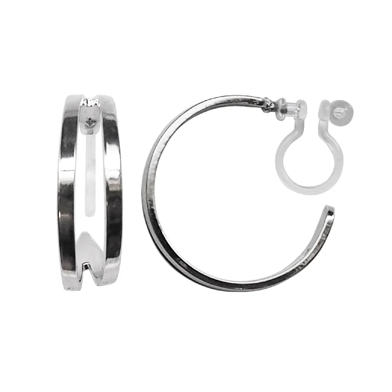 stud earrings for women -Silver Two Invisible Clip On Hoop Earrings