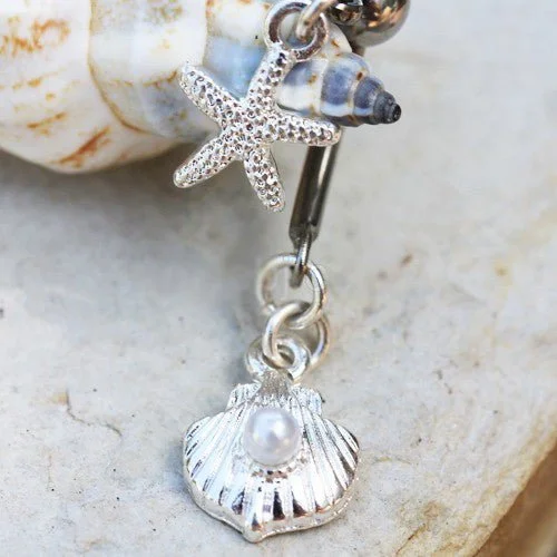 engraved rings for women -316L Stainless Steel Starfish and Pearl Seashell Double Dangle Navel Ring