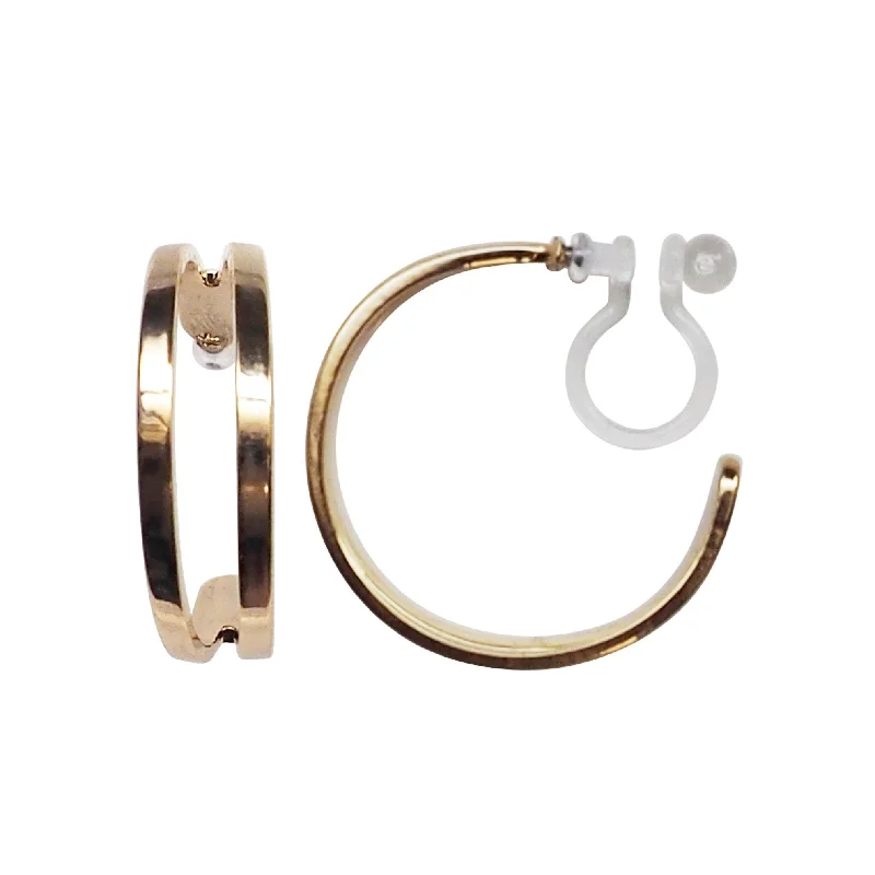 gold earrings for women -Gold Two Invisible Clip On Hoop Earrings