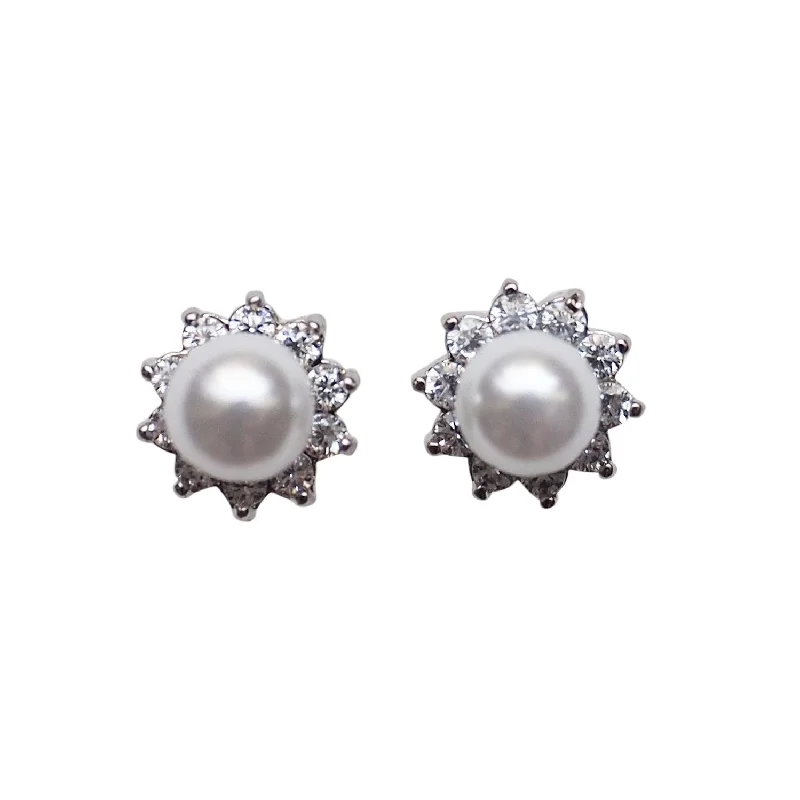 handmade silver earrings for women -White Pearl & Cubic Zirconia Crystal Pave Invisible Clip On Stud Earrings ( Silver tone )