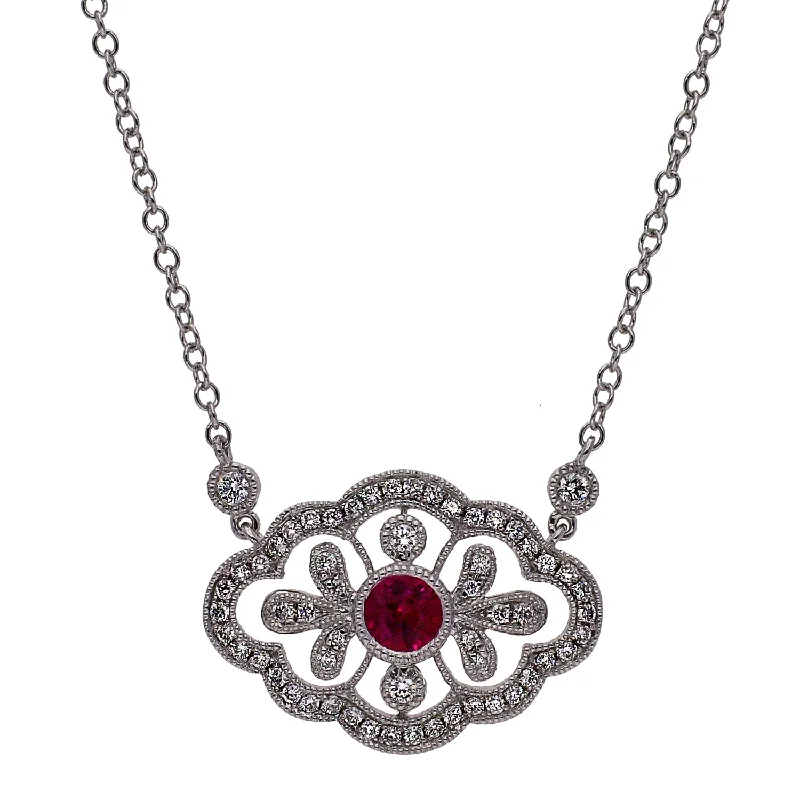 trendy necklaces for women -14K White Gold Center Round Ruby and Diamond Necklace