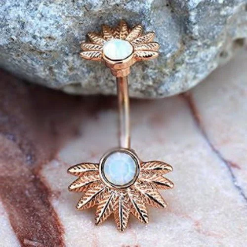 eternity wedding rings -Rose Gold Plated White Synthetic Opal Palm Leaves Navel Rings