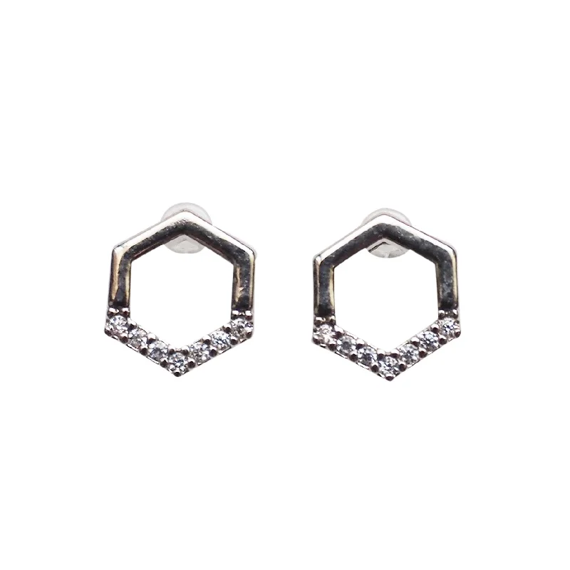 luxury earrings for women -Cubic Zirconia Crystal Pave Hexagon Invisible Clip On Stud Earrings ( Silver tone )