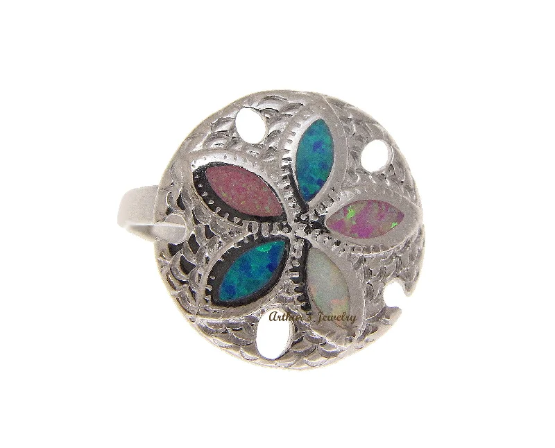 unique rings for women -BLUE WHITE PINK TRICOLOR INLAY OPAL RING HAWAIIAN SAND DOLLAR 925 SILVER