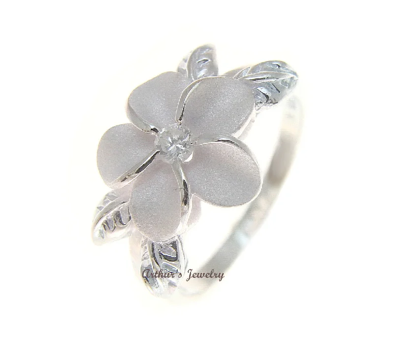 luxury gemstone rings -STERLING SILVER 925 HAWAIIAN 12MM PLUMERIA FLOWER MAILE LEAF WHITE CZ RING 1-11