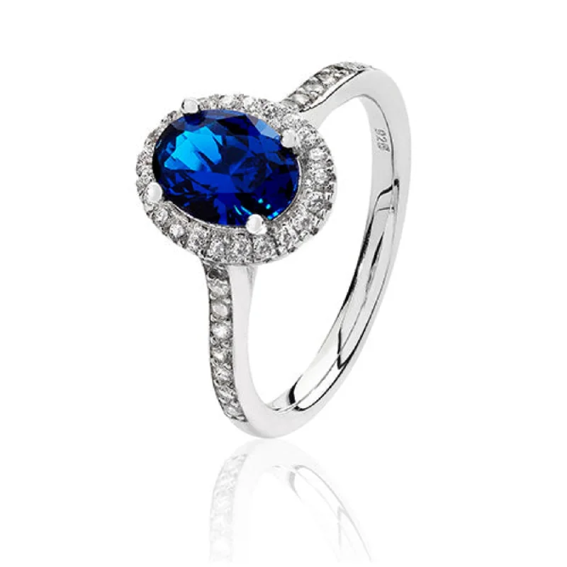 bridal gold rings for women -Oval Shape Halo Style Sapphire Ring - Silver Rhodium