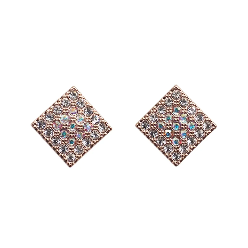 elegant gemstone earrings -Square Swarovski Crystal Rhinestone Pave Invisible Clip On Stud Earrings ( Rose gold tone )