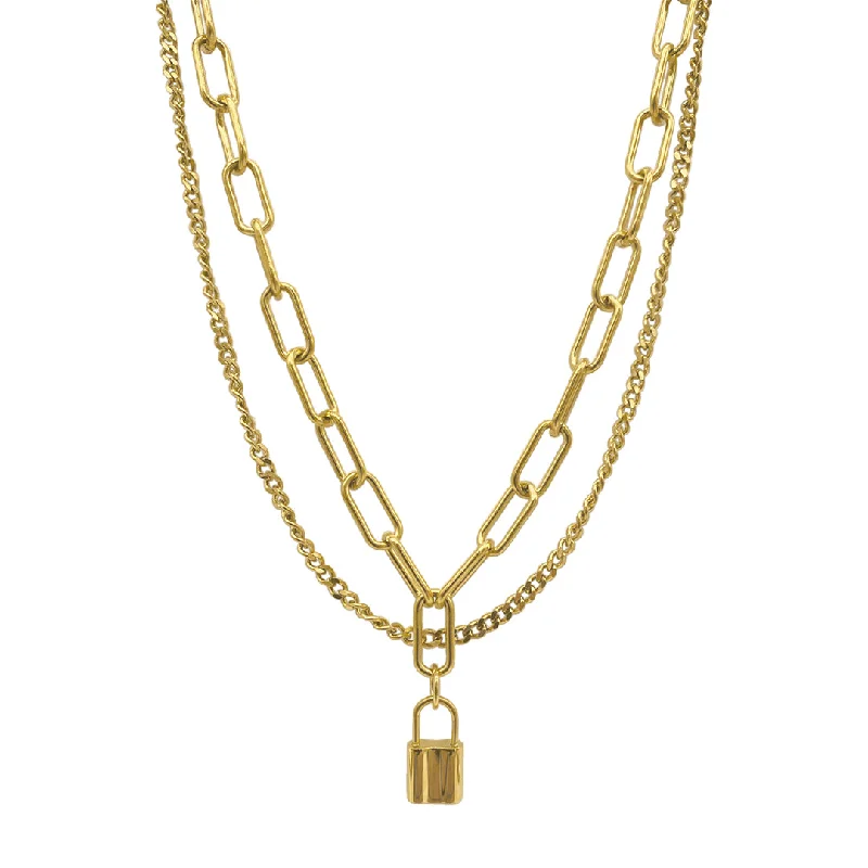 luxury chain necklaces for women -Tarnish Resistant 14k Gold Plated Layered Curb and Paper Clip Chain Lock Necklace