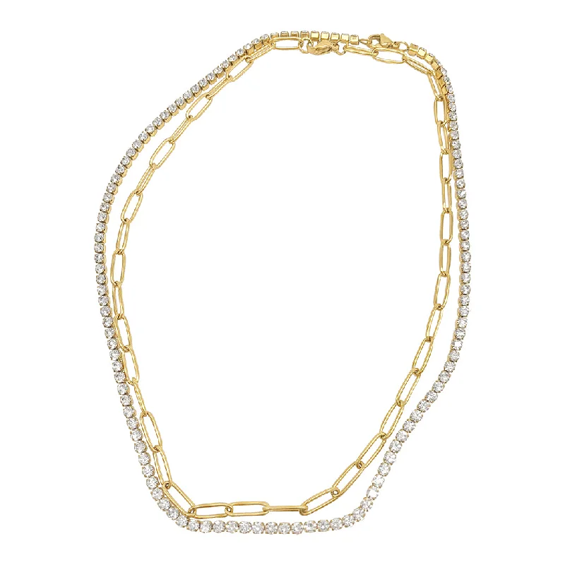 fashionable necklaces for women -Tarnish Resistant 14k Gold Plated Paper Clip Chain and Tennis Necklace Set