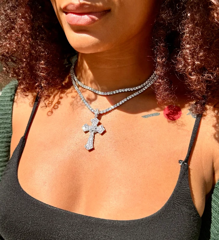 romantic necklaces for women -Silver Tennis Chain Enchanted Cross Necklace