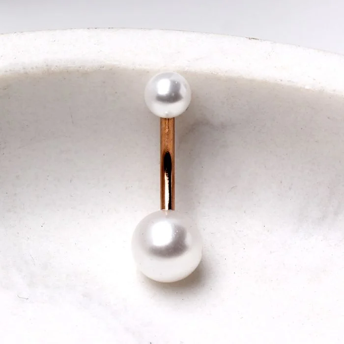 thin wedding bands for women -Rose Gold Plated Navel Ring with White Faux Pearls