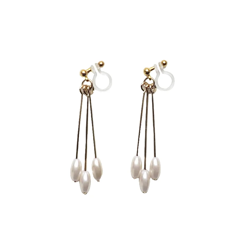 elegant dangle earrings for women -Dangle white pearls & gold sticks invisible clip on earrings