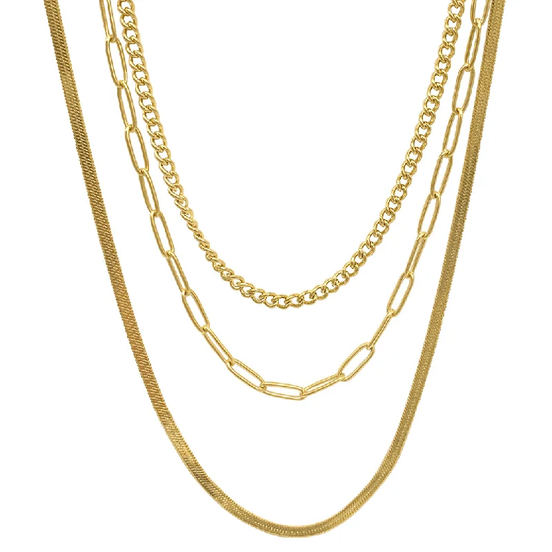 sparkling necklaces for women -Tarnish Resistant 14k Gold Plated Curb, Herringbone, and Paper Clip Chain Necklace Set