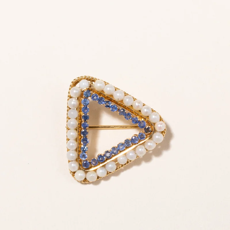 18k Yellow Gold Sapphire and Pearl Brooch | 1.44ctw, 2.50~3.00mm | 3.5cm