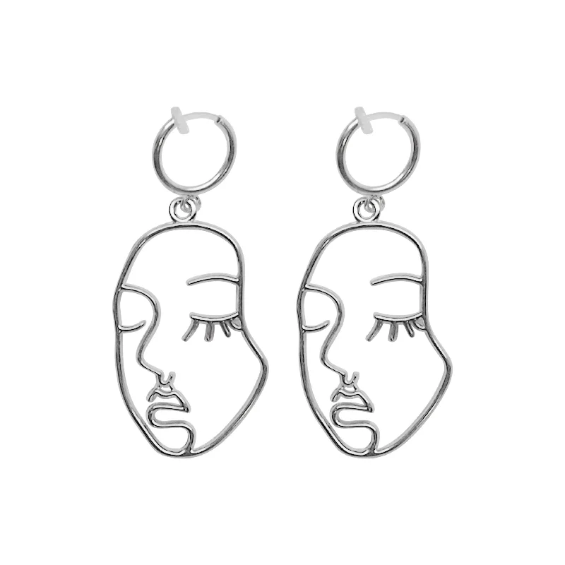 multi-colored earrings for women -Silver human face clip on hoop earrings