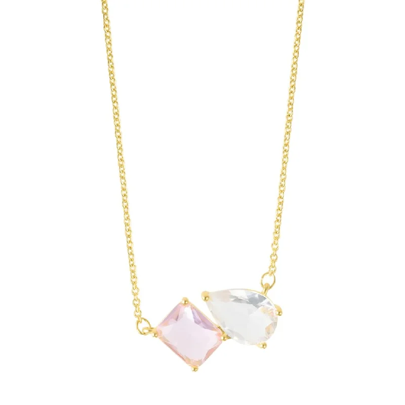 rose gold necklaces for women -14k Gold Plated Pink and White Double Stone Necklace