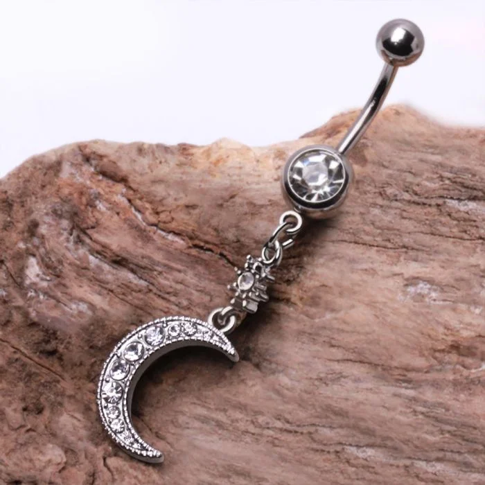 engraved rings for women -316L Stainless Steel Glittering Moon & Star Dangle Navel Ring