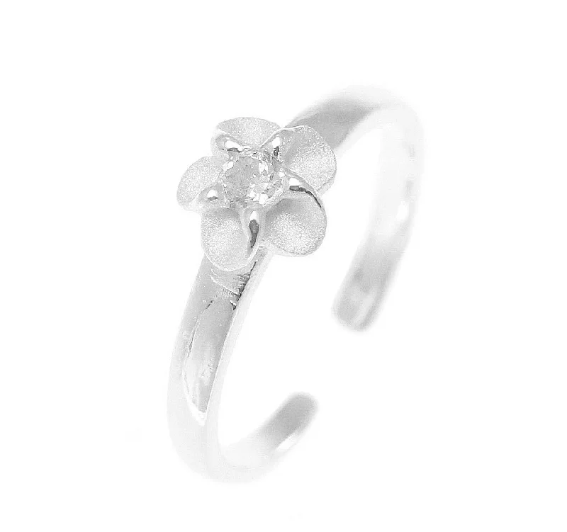 gold rings for women -925 Sterling Silver Hawaiian Single Plumeria Flower White CZ Open Toe Ring