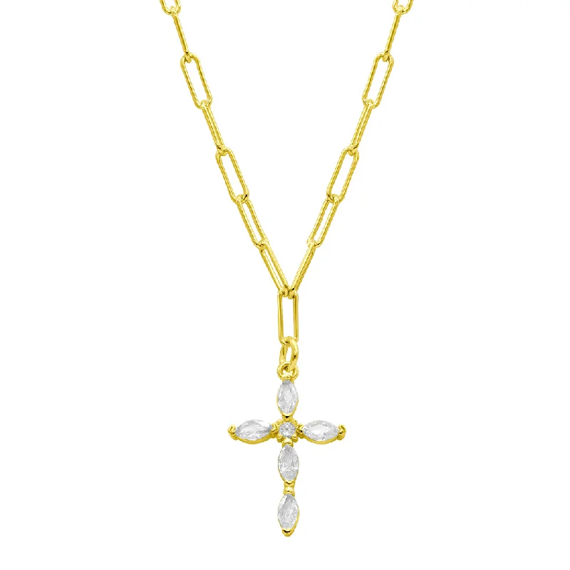 dainty gold necklaces for women -14k Gold Plated Paperclip Cubic Zirconia Cross Necklace