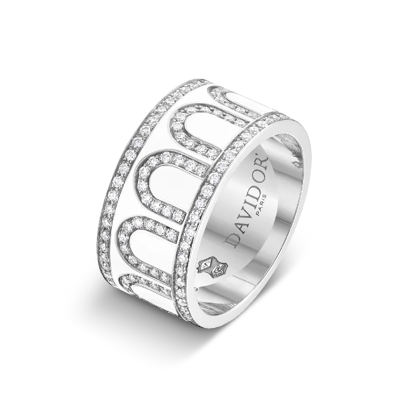 fine jewelry necklaces for women -L'Arc de DAVIDOR Ring GM, 18k White Gold with Neige Lacquered Ceramic and Palais Diamonds