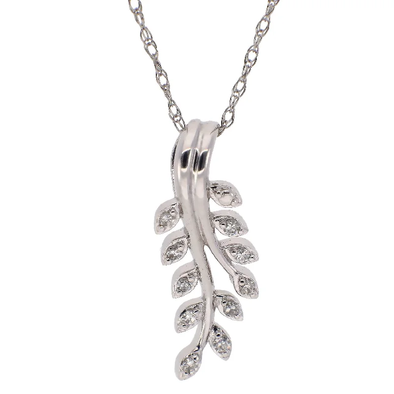 heart-shaped pendant necklaces for women -10K White Gold Diamond Leaf Pendant Necklace