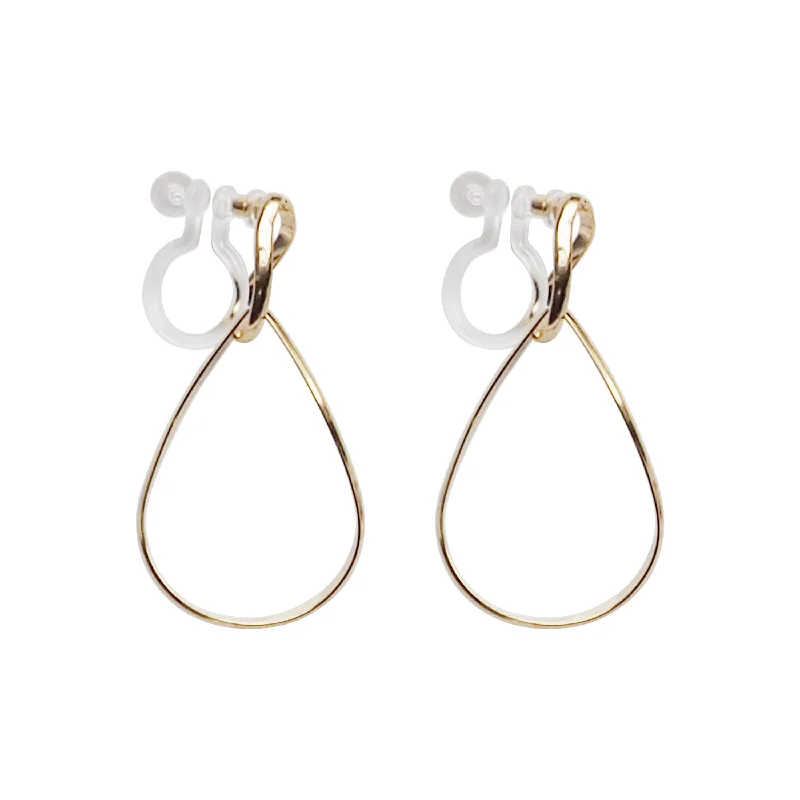 personalized earrings for women -Dangle Gold Distorted Teardrop Hoop Invisible Clip On Earrings