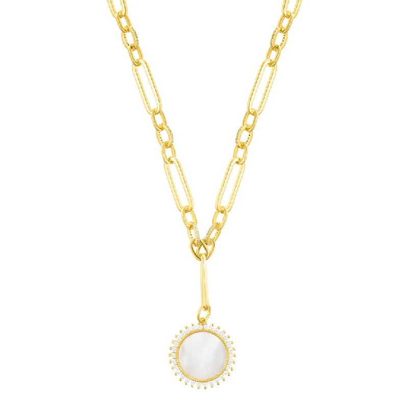 birthstone necklaces for women -14k Gold Plated Mother of Pearl CZ Halo Disc Mixed Link Y-Necklace