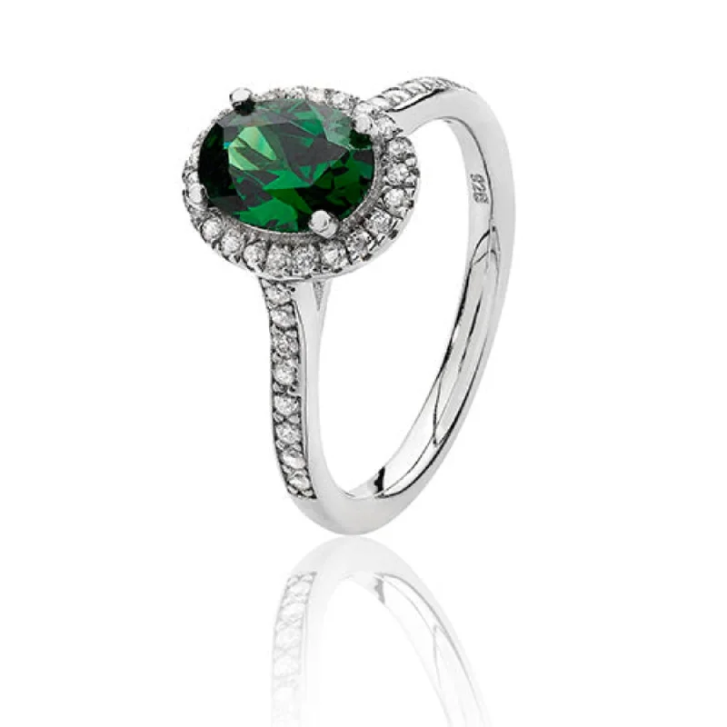 fashion rings for women -Oval Cut Halo Style Emerald Green Ring - Silver Rhodium