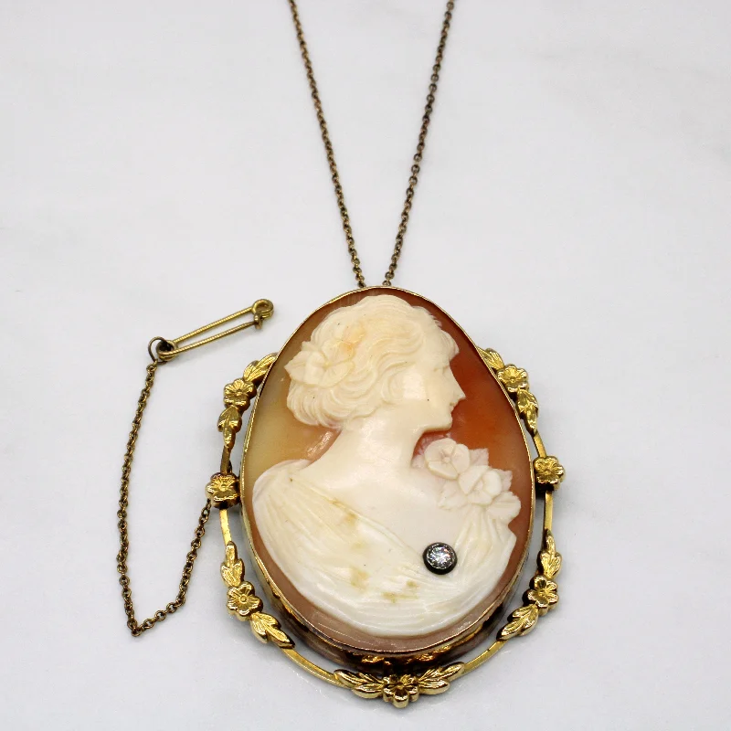 Vintage Carved Shell Cameo & Diamond Brooch & Pendant Necklace | 50.00ct, 0.08ct |