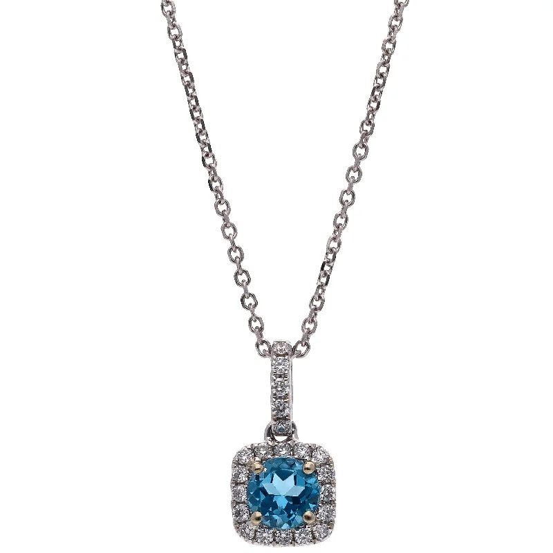 turquoise necklaces for women -14K White Gold Round Blue Topaz and Diamond Pendant Necklace