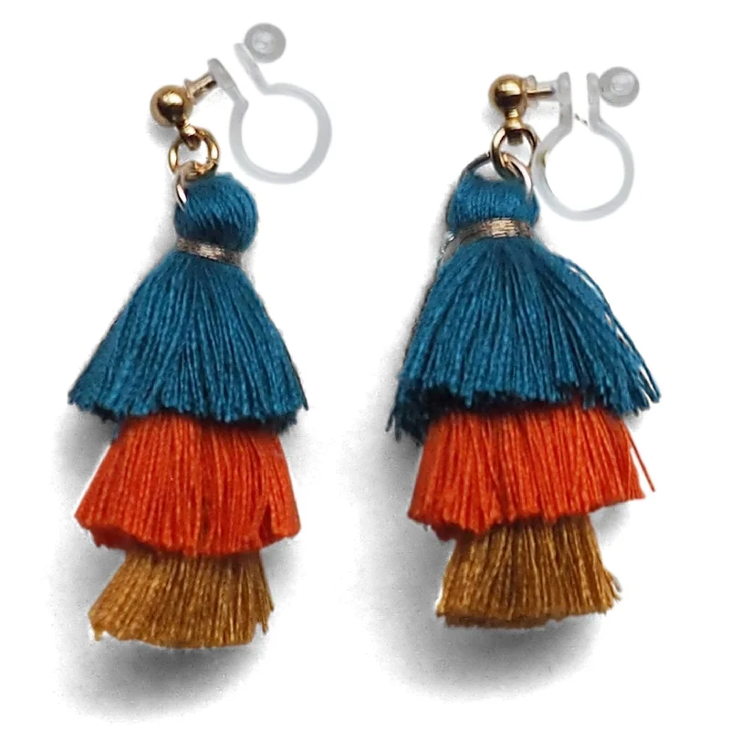 stylish gemstone earrings for women -Three Layered Ombre Stacked Blue Orange Yellow Tiered Tassel Invisible Clip On Earrings