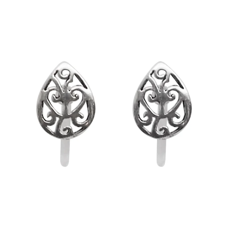 vintage earrings for women -925 Sterling Silver Teardrop Filigree Invisible Clip On Stud Earrings